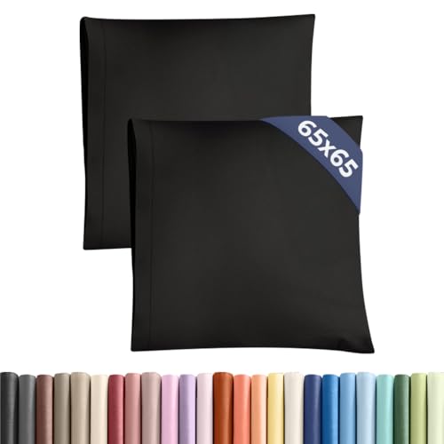 Taie d'oreiller 65x65cm - Lot de 2 Noir - Microfibre Doublement Brossée - Fermeture Enveloppe - Ultra Douce Anti-Bouloches, Résistante aux Plis - Lavable en...