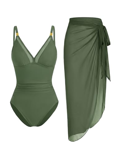 Blooming Jelly Womens One Piece Swimsuit with Sarong Cover Up Tummy Control V Neck Bathing Suit Mesh Wrap Skirt Swimwear Set (Large Army Green)
