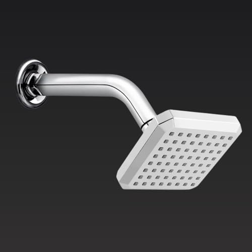 Image of HOUZA Square Shower Head for Bathroom | 4 Inch Single Flow Overhead Shower with Arm | Adjustable Bathroom Shower with Even Water Flow & Rust Resistant | Anti-Clog Silicone Nozzles for Wall Mounting