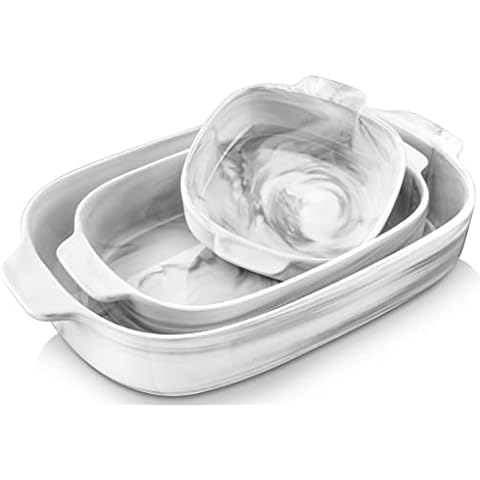 MALACASA, Serie Bake.Grey, 3-tlg oval Marmor Porzellan Auflaufform Backform Set Back Schale Ofenform Kuchenform innenseite mit glattem Boden und Griff in 3 Größen, 640/1450/3100ml Cover