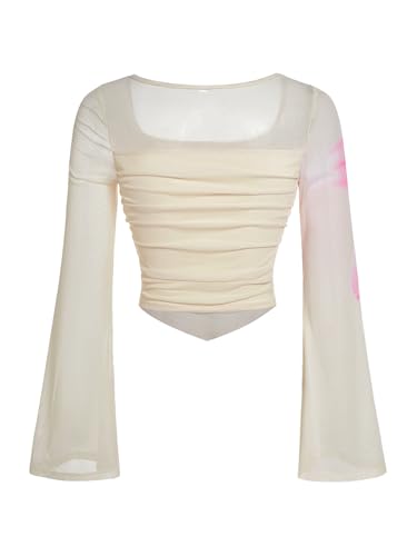 Image of Floerns Girls Bell Long Sleeve Square Neck Asymmetrical Hem Mesh Ruched Crop Tops Tees