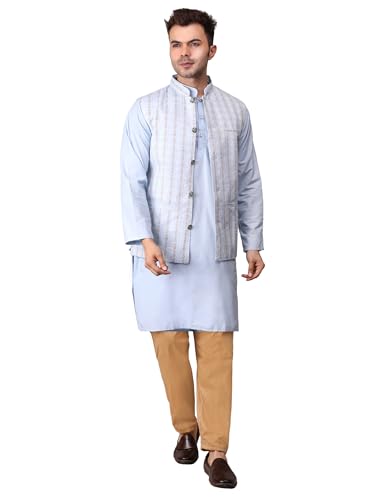 Image of Men's Cotton Silk Blend Regular Kurta Pyjama, Embroidered Nehru Jacket /Waistcoat Set