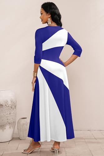 Image of Runwind Maxi Dress for Women with Ruched Waist - Semi-Formal 3 /4 Sleeve Crew Neck Long Dresses for Wedding Guest & Church