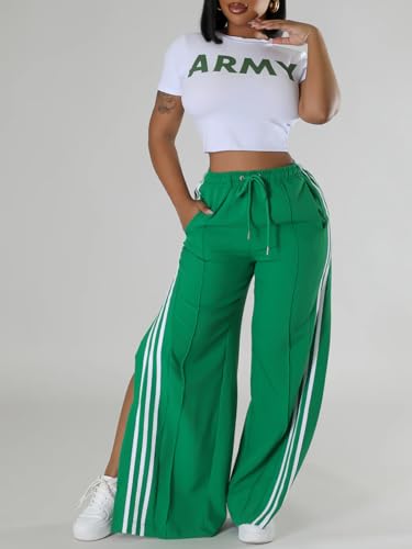 Angsuttc Wide Leg Pants Women Drawstring Side Split Sweatpants with Stripes Casual Elastic High Waist Long Pant4
