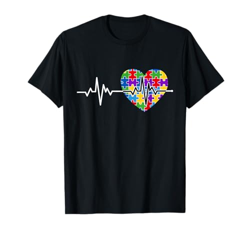 Autism Heartbeat Puzzle Heart Love Colorful Autism Awareness T-Shirt