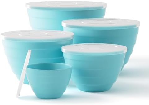 TP Mixing Bowls with Lids, 10-Piece Nesting Melamine Bowls Set for Prepping Serving Baking Cooking, Non Slip Bottom, Set of 5, Teal - Thumbnail 4