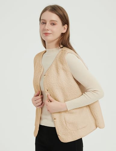 Womens Fall Winter Fleece Sherpa Lightweight Vest Cozy Sleeveless Button Down Fuzzy Outwear Vests with Pockets2