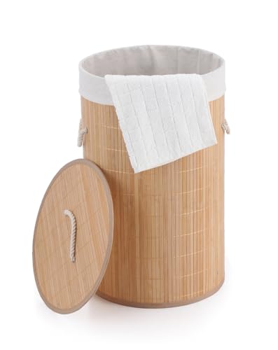 BM Cesto Portabiancheria in Bambù con Coperchio e Sacco Interno Rimovibile – Cesto per Biancheria Sporca Rotondo Ø35x50 cm, Salvaspazio, Stile Naturale per Bagno, Camera da Letto e Lavanderia
