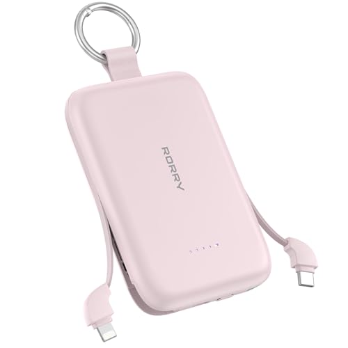 RORRY CharmGo Portable Charger 10000mAh PD 30W Fast Charging Portable Charger Power Bank with Built-in Cables Travel Keychain Charger Battery Pack for iPhone 17/16/15 for AirPods 2/3/4/Pro Pink