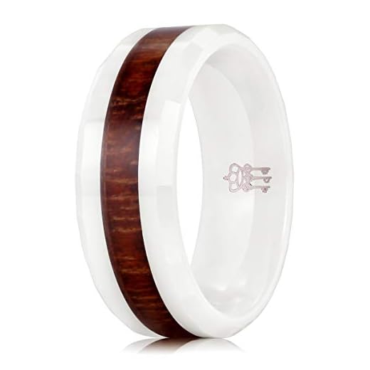 THREE KEYS JEWELRY 8mm White Ceramic Wedding Ring with Koa Wood Inlay Men's Women's Wedding Band Engagement Ring Flat Top Bevel Edge Comfort Fit Size 10.5