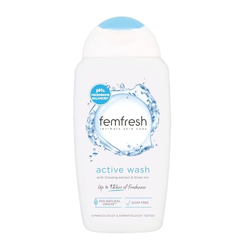 Femfresh Ultimate Care Active Vaginal Wash – Intimate Feminine Hygiene Shower & Bath Gel Cleanser – pH Balanced, Soap Free, Fragrance Free Gel Formula with 12-hour Sweat Protection – 250ml