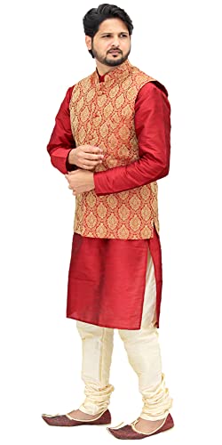 Image of Men's Silk Kurta Pyjama With Waistcoat