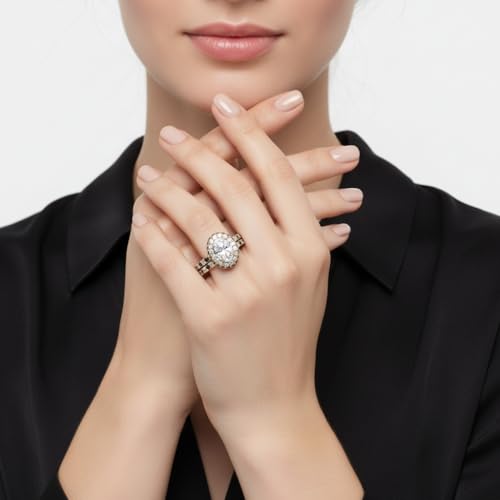 Image of Choose Your Gemstone Oval Halo Rollover Diamond CZ Wedding Ring Yellow Gold Plated Oval Shape Wedding Ring Sets Matching Jewelry Wedding Jewelry Easy to Wear Gifts US Size 4 to 12