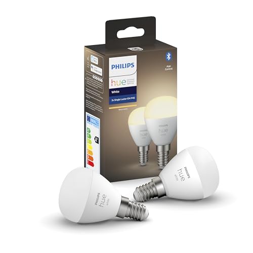 Philips Hue White, ampoule LED connectée Luster E14, compatible Bluetooth, pack de 2, fonctionne avec Alexa, Google Assistant et Apple Homekit, Teinte-blanc
