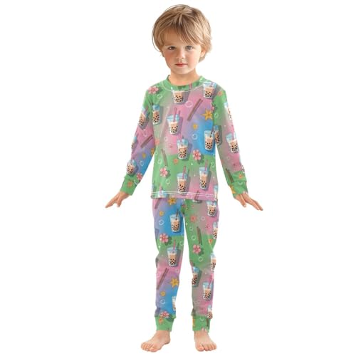 Pajama Sets Long Sleeve Bubble Tea Cups Flowers Stars Soft Comfy Sleepwear 2 Piece PJS 3-8T2