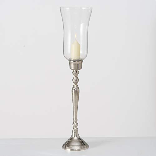 Whw Whole House Worlds Long Stem Hurricane Candle Stick Holder With Tulip Open Top Glass Sleeve, Silver Aluminum Nickel, For Pillar And Taper Candles, 30.25 Inches Tall, (77 Cm) #TOP4