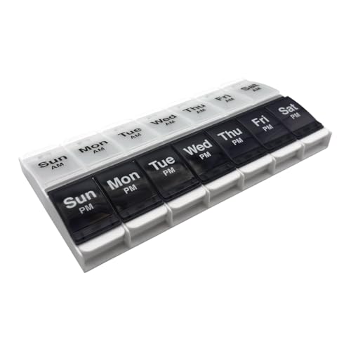 Image of Ezy Dose Weekly (7-Day) AM /PM Pill Organizer, X-Large Case, Black /White | Daily Vitamin Box & Supplement Planner, 2 Times a Day Push Button Compartments, Arthritis-Friendly, Travel-Friendly, BPA-Free