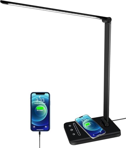 oxylops Desk Lamp with Wireless Charger - 5 Colour Modes, 6 Brightness Levels, Foldable Arm, USB Port, Touch Control & Auto Timer for Home Office/Bedside