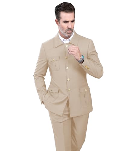 Men's Formal Four Pockets Suit Blazer & Pant Two Pieces Suit Button up Stand Collar Traditional Outfits