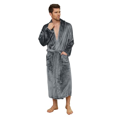 U2SKIIN Mens Fleece Robe Plush Collar Shawl Bathrobe(Grey,L/XL)