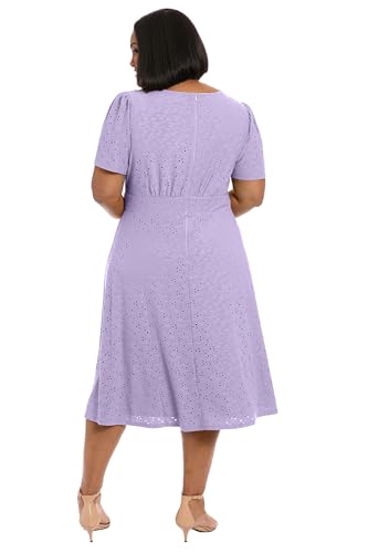 Image of London Times Women's Women's Eyelet Midi A-line Dress with Puff Sleeves - Gathered Waist Empire Cut - Wedding Guest Dress