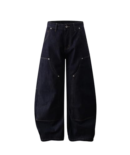 Unisex Wide Leg Jeans Vintage Patchwork Workwear Denim Bucket Pants Baggy Streetwear Casual Trousers