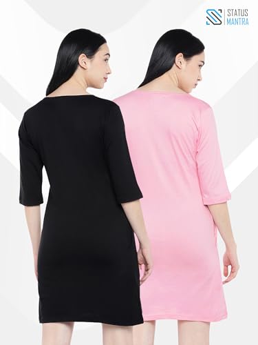 Image of Status Mantra Long T-Shirt Dress for Women - Cotton Knee Length T Shirt Top | 3 /4th Sleeves, Soft Bio-Washed Fabric | Stylish Regular Fit Crew Neck