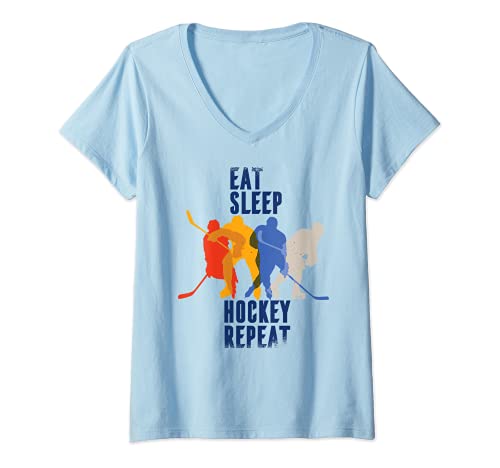 Donna EAT SLEEP HOCKEY REPEAT Meme Maglietta con Collo a V