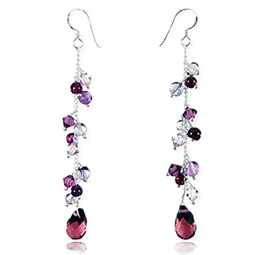 925 Sterling Silver Lavender Purple Crystal Beads Long Drop Dangle Earrings