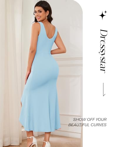 Image of Dressystar 2026 Women's Square Neck Bodycon Sleeveless Cocktail Dresses | wedding guest dresses for women, midi length, formal party dress, soft breathable stretchy material, slit ruffle hem design