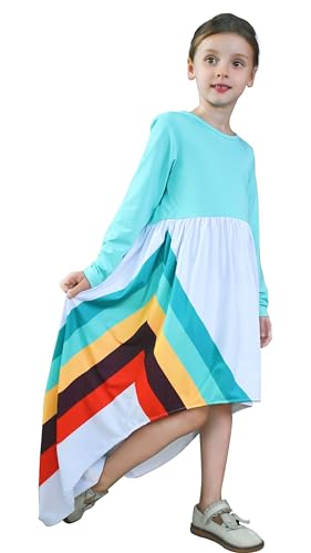 Image of Girl Fall Long Sleeve Dress Christmas Red Rainbow Twirly Skater Midi Party Dress