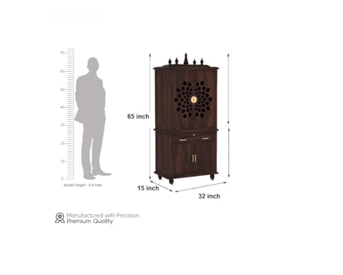 Image of Solid Sheesham Wood Temple for Home & Office /Mandir /God Stand /Pooja Stand /Home Mandap /Mandapam with Cabinet Doors & Multiple Storage /Shelf with Drawers (Walnut1, 32x15x65 inch)