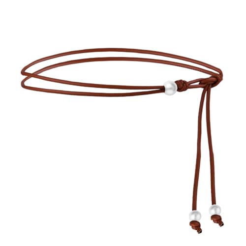 Brown Pearl Rope Leather Belt with Imitation Pearl Accents Adjustable Tie Waist Belts for Womens Simple Skinny Thin Leather Belt for Dresses Skirts Pants Women Minimalist Boho Accessory​