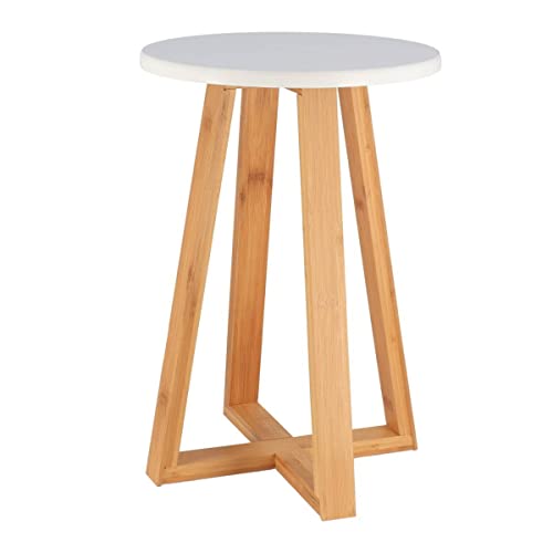 TENDANCE - Tabouret Pieds Bambou et Plateau MDF Blanc - Blanc/Bambou - Salle de Bain - Petit Mobilier