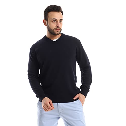 Andora mens V-Neck Knitted Solid Pullover Sweater, Navy Blue, M EU