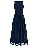 dowerme Women Summer Dresses 2025 Casual Sleeveless Crewneck A-Line Boho Lace Eyelet Cotton Tank Maxi Dress with Pockets(Navy Blue,X-Large)