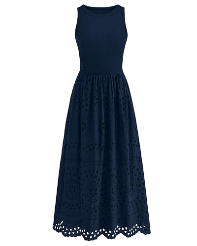 dowerme Women Summer Dresses 2025 Casual Sleeveless Crewneck A-Line Boho Lace Eyelet Cotton Tank Maxi Dress with Pockets(Navy Blue,Medium)