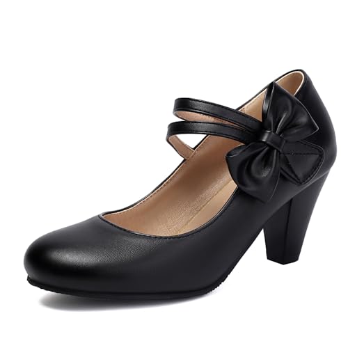 LYYSKY Spring and Autum Women's Low Kitten Heel Pump Shoes for Women Fashion Casual Bowtie Strap Mary Jane Dress Spring Uniform Shoes Plus Size EU32-EU48/US2-US15