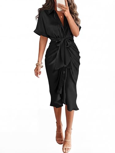 BTFBM Dresses for Women Summer Button Short Sleeve Silk Satin Ruched Spring Maxi Dress 2026 Cocktail...