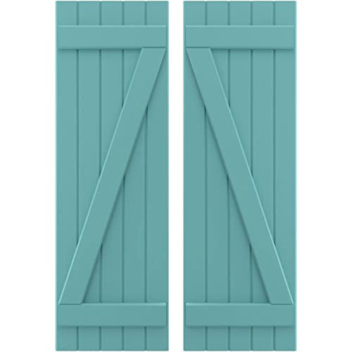 17 1/2"W x 46"H Americraft Five Board (2 Batten) Exterior Real Wood Joined Board-n-Batten Shutters w/Z-Bar (Per Pair), Pure Turquoise