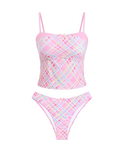 ZAFUL Womens Tankini Swimsuits Vintage Y2K Two Piece Bathing Suit 2026 Beach High Cut Tankini Set Swimwear,Plaid Pink,L