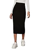 SheIn Damen Rock Elegant Midirock Vintage Retro Röcke Casual Freizeitrock Hohen Taille Rippenstrick Bleistiftrock Schwarz S