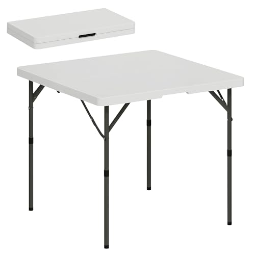 Outsunny Tavolo da Campeggio Pieghevole con 2 Altezze Regolabili, Tavolino da Giardino Portatile in HDPE e Metallo, 86x86x74 cm, Bianco