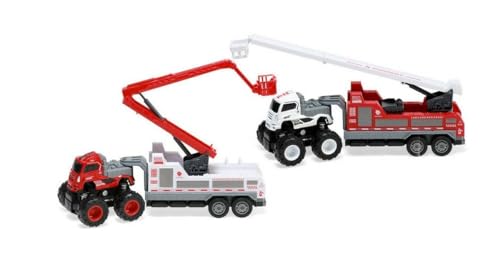 Image of Friction Powered Fire Safety Transport Truck for Kids Boys Girls Die cast Alloy Fire Rescue Truck with Rotating Ladder Crane Toy Pull Back Vehicle Miniature Car Gift (Pack of 1, Multicolor)