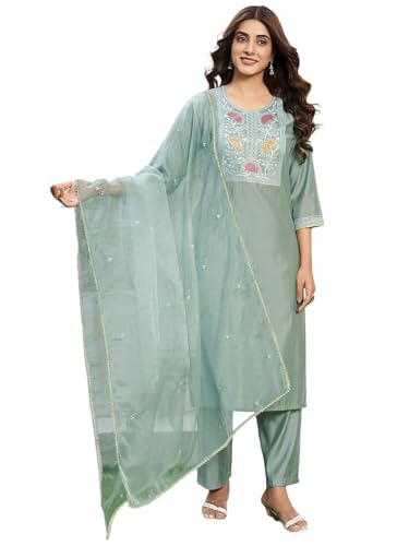 Sanisa Women's Silk Blend Sequence Embroidery Work Straight Kurta With Pant And Dupatta Set (169Kbd1811N-S_Light Pista Green)