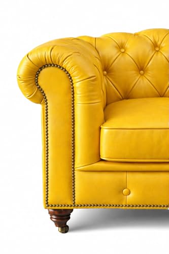 Image of UMAR ARTS Luxury Chesterfield Leatherate Sofa Set, Tufted Genuine Leatherate, Classic Living Room Furniture (Yellow 3 Seater)