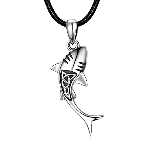 Praymos Shark Pendant Animal Jewelry Men Boys Women 925 Sterling Silver Necklace With Leather Cord Black Personalized Punk Necklace Jewelry With 22" Chain #TOP23