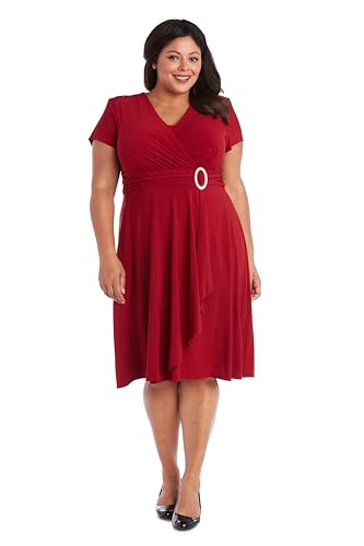 Image of R&M Richards Women's Cascade Wrap Dress with V-Neck & O-Ring Rhinestone Buckle, Work to Weekend Short Sleeve Flowy Silhouette