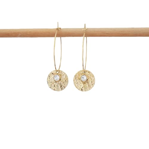 Boucles d'oreilles créoles acier inoxydable doré femme avec pendentif martelé strass chic