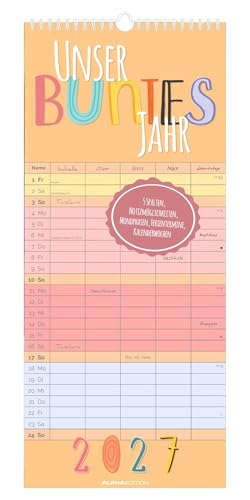 Familienplaner Unser buntes Jahr 2027: bunter Familienkalender 20x45 cm mit 5 Spalten Feiertagen Mondphasen ideal für Familienorganisation